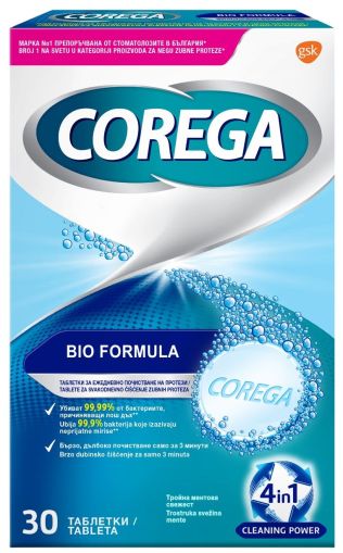 Corega Почистващи таблетки за протези Bio Formula, 30 броя